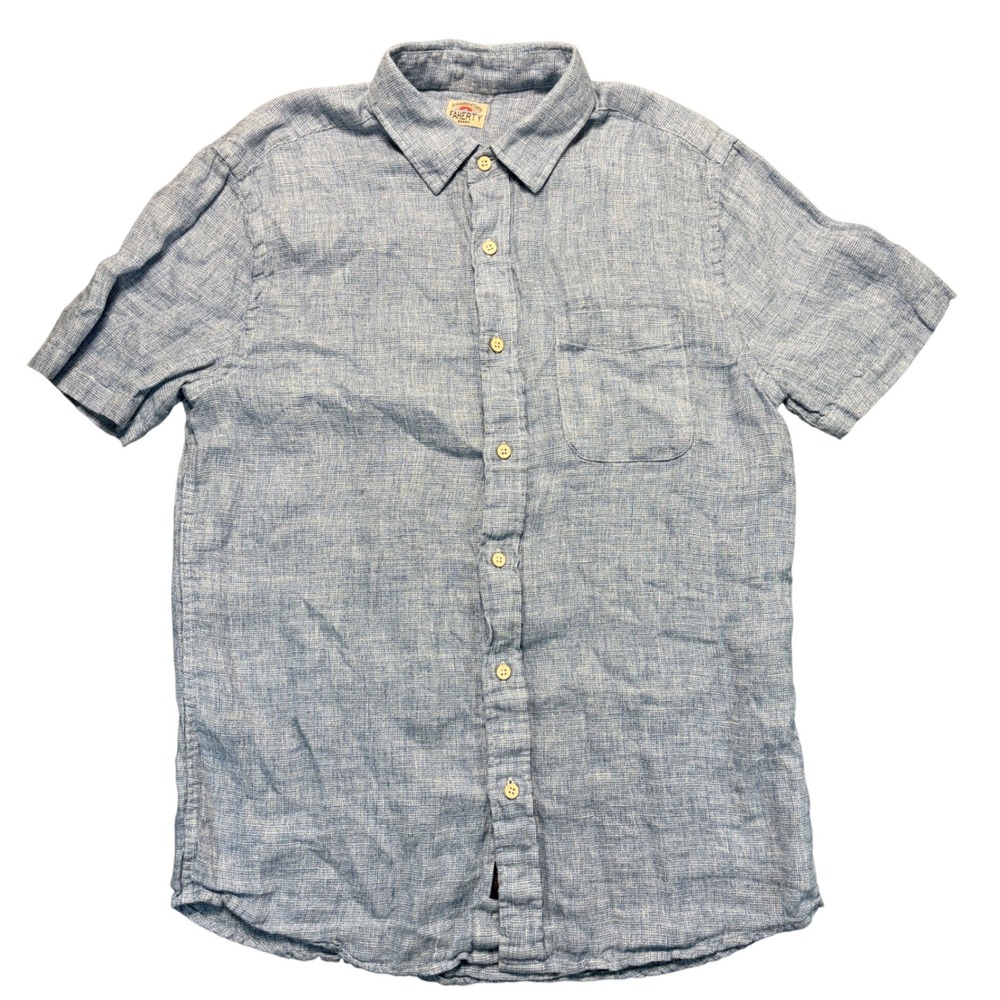 Faherty Brand Mens Blue White 100% Linen Short Sleeve Button Down Shirt Size M